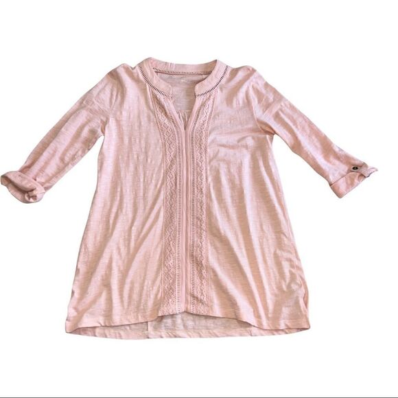 Soft surroundings peach V neck embroidered 3/4 sleeves top - Picture 1 of 11